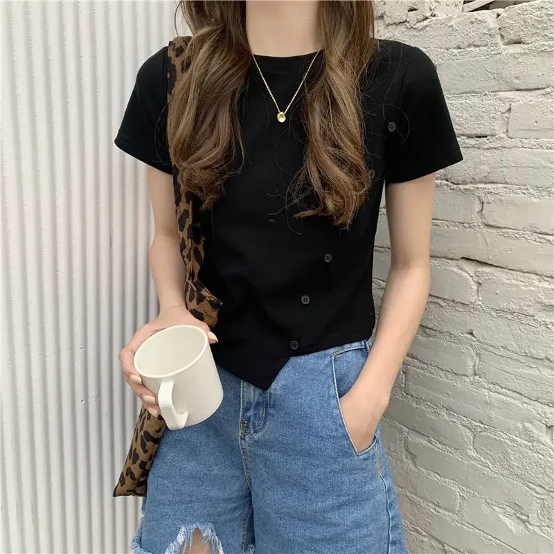 

Асимметричная Повседневная облегающая футболка с коротким рукавом GRAY22