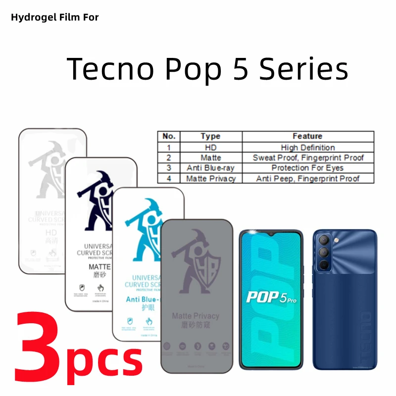 

3 шт., Гидрогелевая Защитная пленка для Tecno Pop 5 Pro