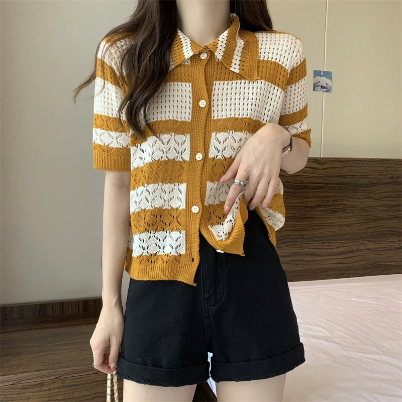 Ажурный полосатый вязаный кардиган Летние Стильные топы рубашки модные блузки