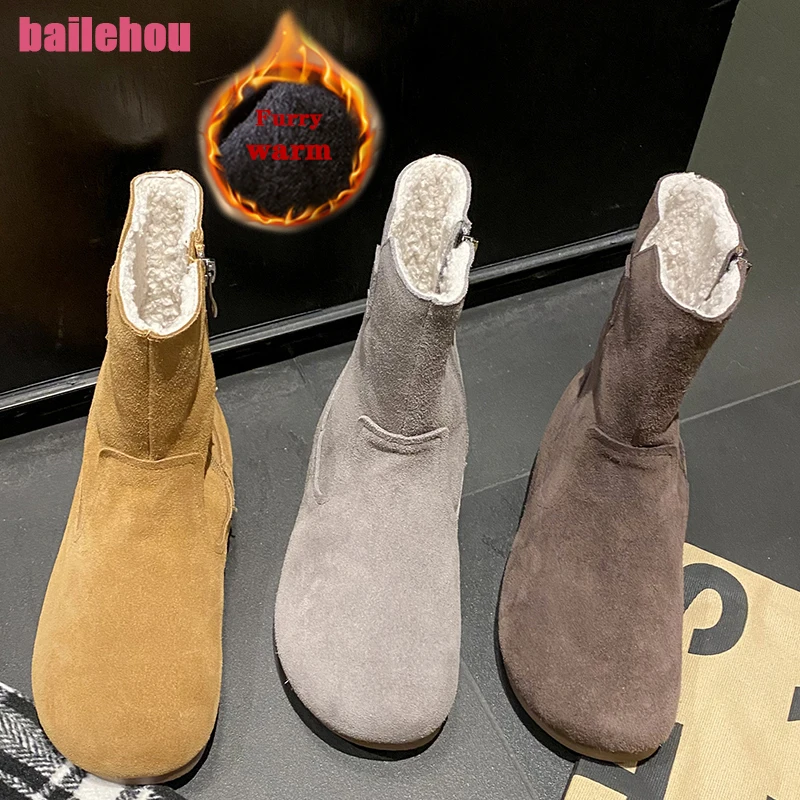

Ankle Short Winter Snow Boots For Women 2023 Round Toe Ladies Modern Booties Zipper Rubber Fur Casual Outside Warm Female Shoes