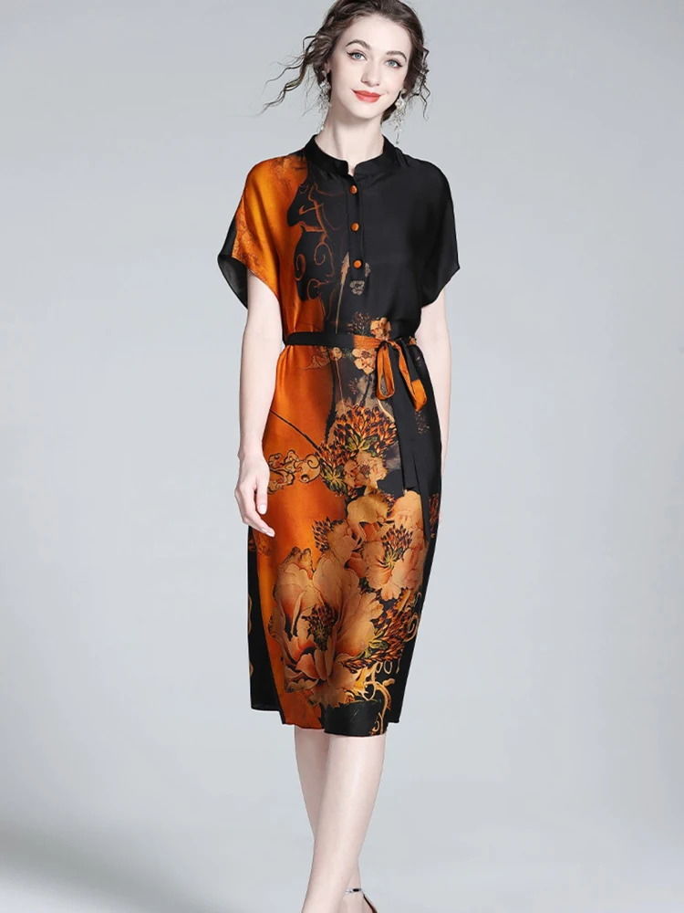 

Женское платье-рубашка с коротким рукавом, повседневное элегантное дизайнерское платье до колен с винтажным принтом, весна-лето