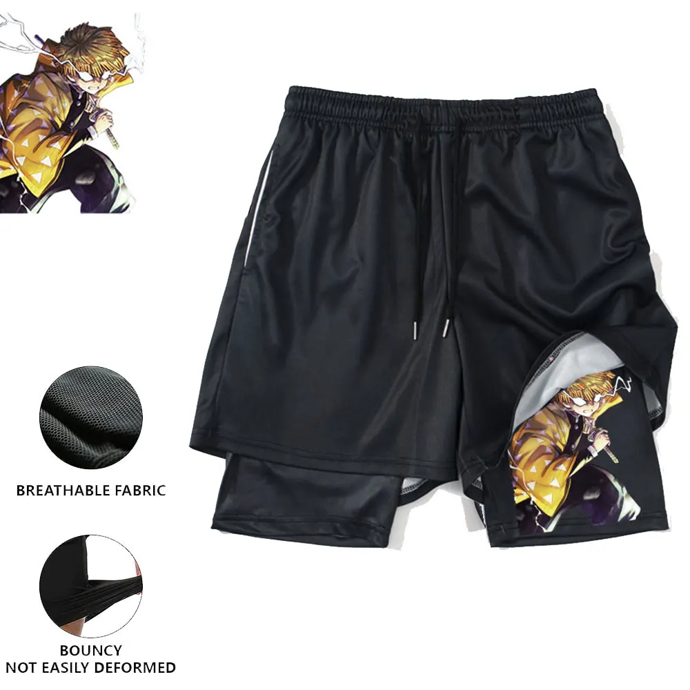 

Anime Demon Slayer GYM Shorts 2 In 1 Summer Runing Workout Male Breathable Mesh Zenitsu Sportswear Jogger Sports Shorts Men
