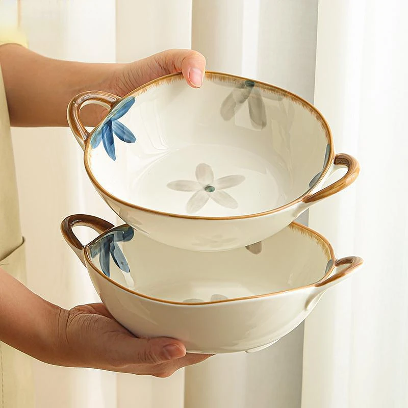 

9-inch Large Ceramic Ramen Bowl Flower Noodle Bowl with Handle Household Tableware Microwave Oven Dishwasher