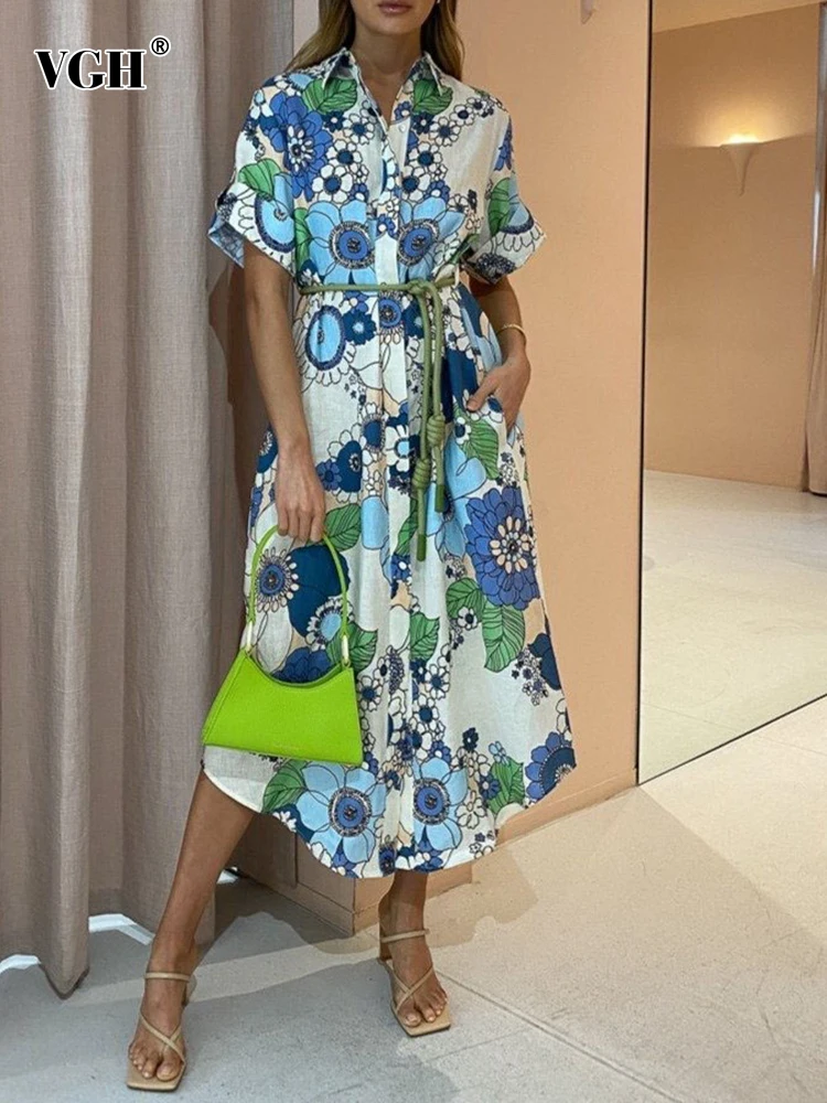 

Женское свободное платье средней длины VGH, винтажное платье с цветными блоками, отложным воротником, коротким рукавом, высокой талией и шнур...