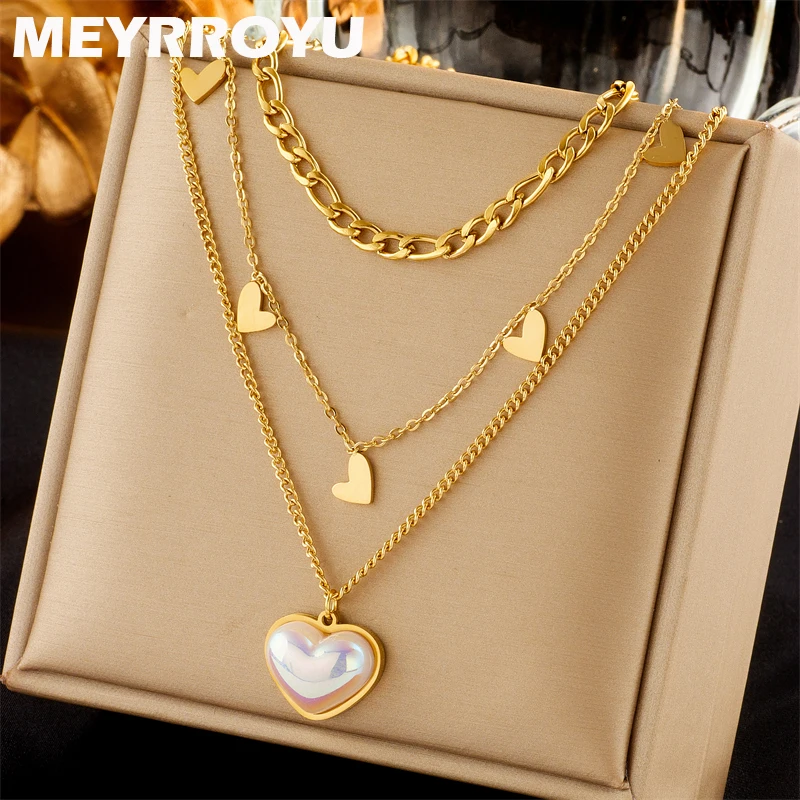 

MEYRROYU 316L Stainless Steel Necklace Heart Pendant Three Chain Clavicle For Women Temperament Gift Jewelry Accessories Bijoux