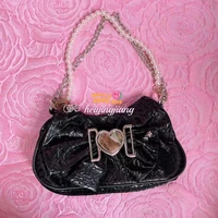black y2k underarm bags for hot girls vintage pearl chain women small shoulder bag love lock design female purses and handbags