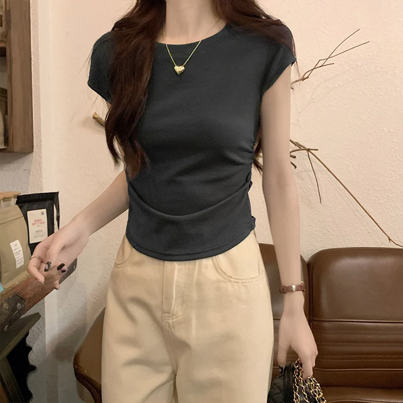 

Summer Female Students Cotton T-Shirt Short Sleeve O-Neck Side Drawstring Pleated Lady Top Sexy Young Girls' Basic Shirts