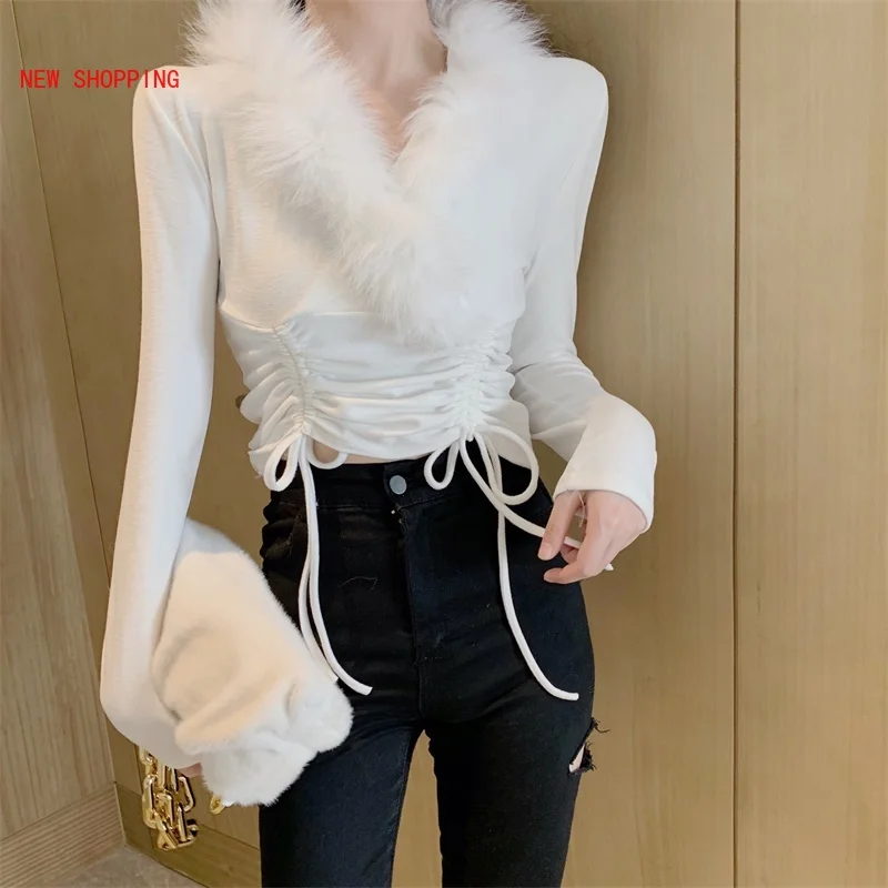 

Elegant Patchwork Faux Fur Shirt Women Winter Sexy Pleated Lace-up V-neck Slim Fit Pullover Woman Korean Bottoming Tops White