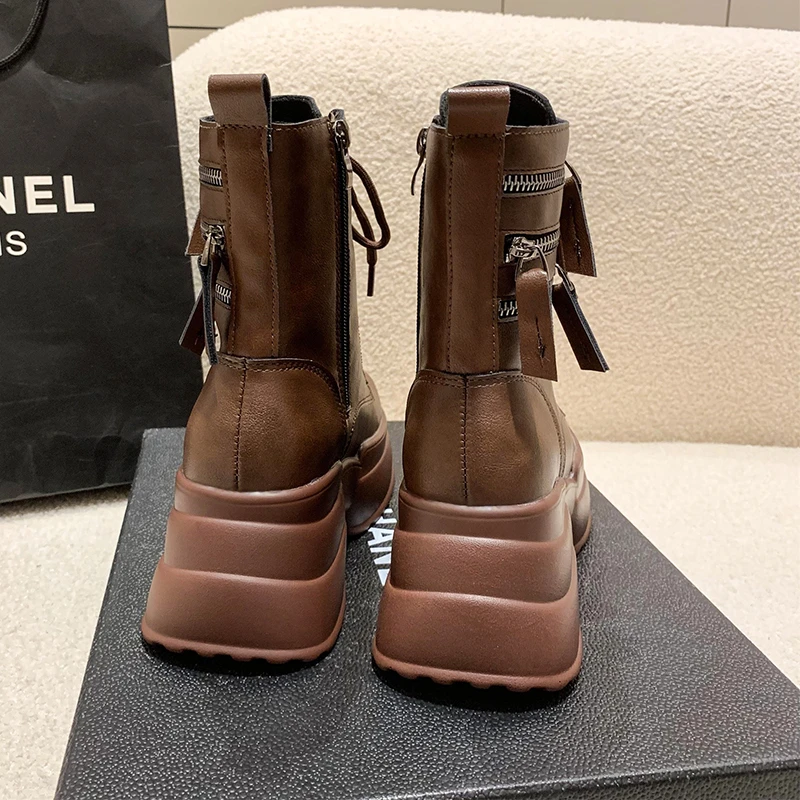 Women Leather Ankle Boots Autumn Winter Lace Up Platform Motorcycle Boots Square Heels Sneakers Zipper Round Toe Streets Shoes