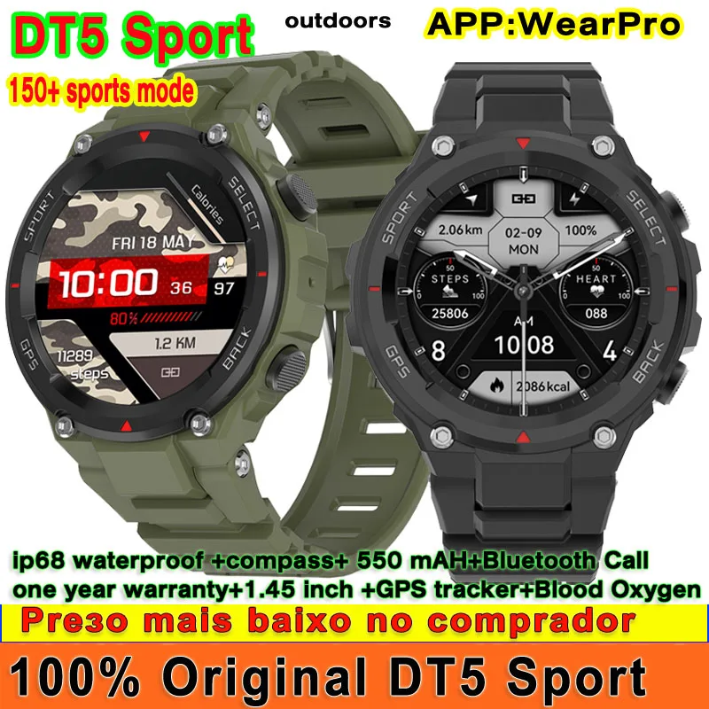 

Уличные спортивные Смарт-часы DT5, AOD, Bluetooth, вызов, компас, пульсометр 150 +, спортивный GPS-трекер, IP68, водонепроницаемые Смарт-часы 550 мАч