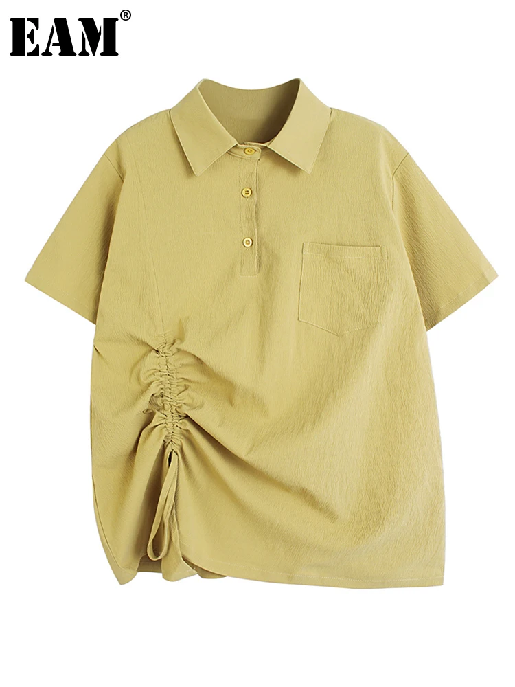 

[EAM] Женская Желтая Асимметричная блуза большого размера с завязками, новая рубашка с короткими рукавами и отворотом, модная весенне-летняя ...