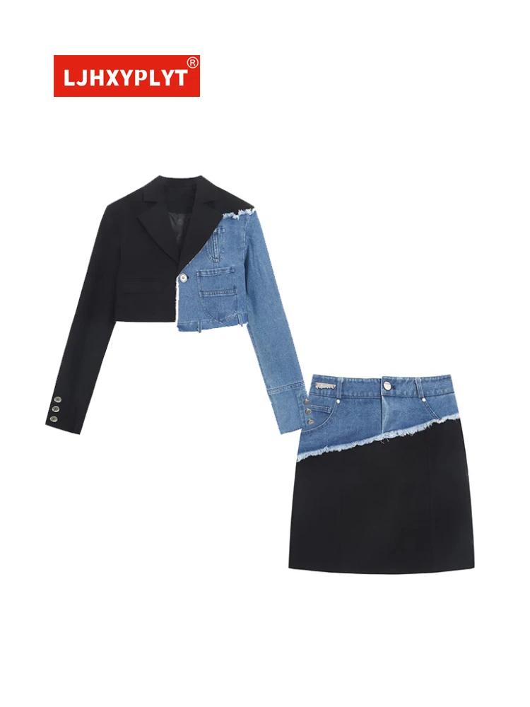 Blue Denim Stitching Long-sleeved Black Suit + Hip A-line Short Skirt Two-piece Women's Spring And Autumn New Style Dress Set