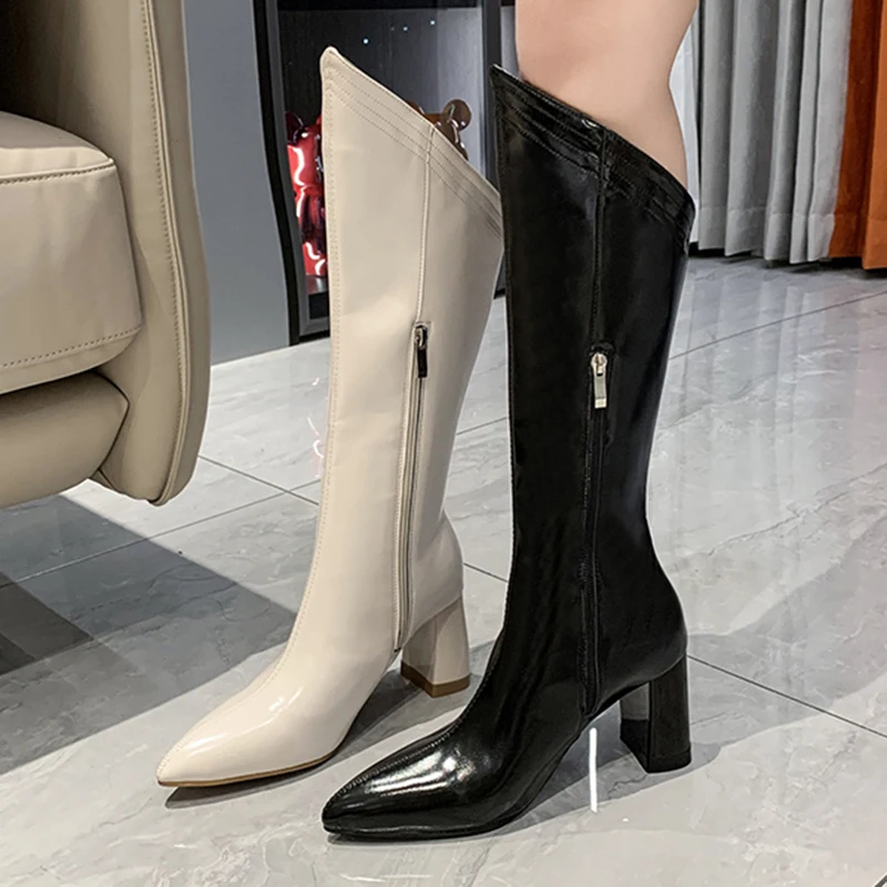 

Autumn Winter New 2022 Knee High Chelsea Boots For Women Fashion Pointed Toe Female Heels Shoes Zippers Ladies Modern Boots