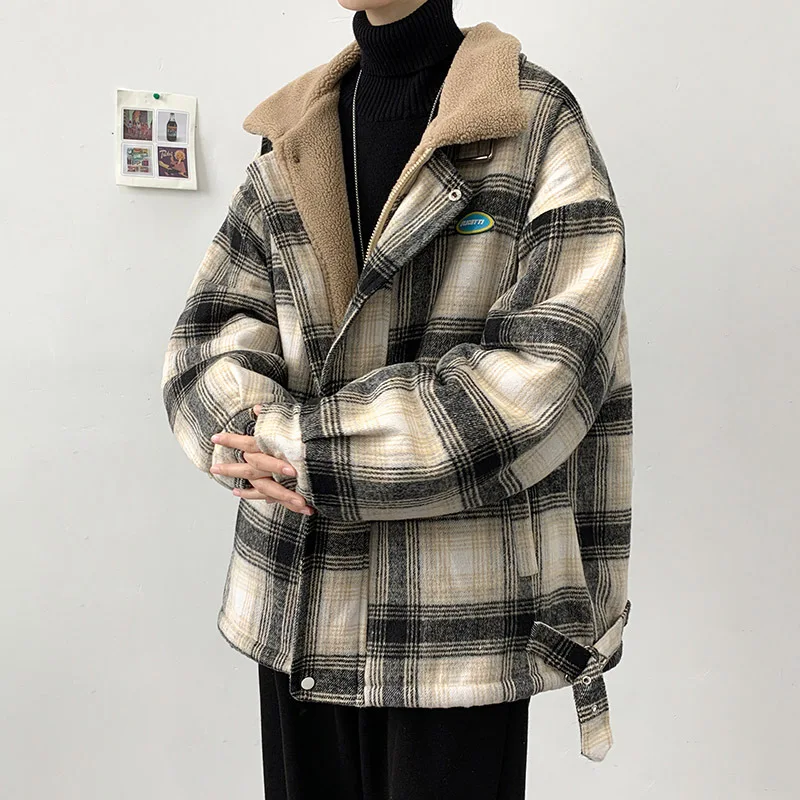 Lamb cashmere plaid cotton coat men's winter cashmere thickened winter fashion brand youth handsome loose cotton coat