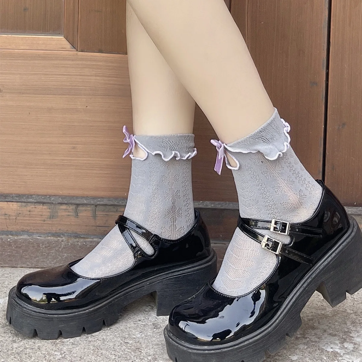 Sweet Cute Women Girls Socks JK Lolita Japanese Velvet Bow Ruffle Socks Hollow Out Sexy Lace Mesh Thin Low Cut Ankle Socks Women