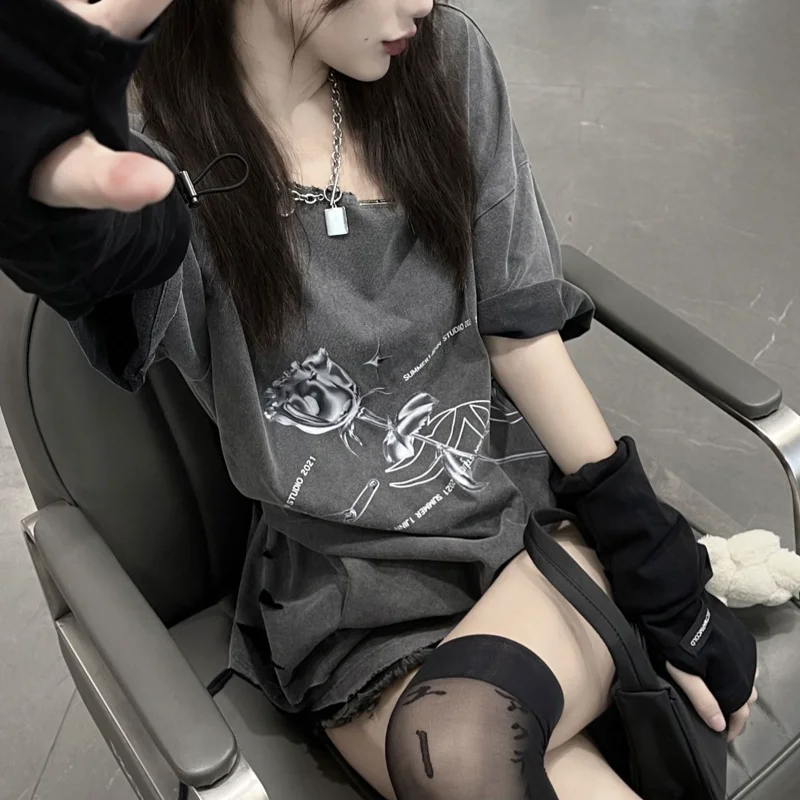 

Rose Off Shoulder Distressed Washed Tshirts Loose American Retro Irregular Halter Women Summer Y2k Camisetas Hollow Out Tees