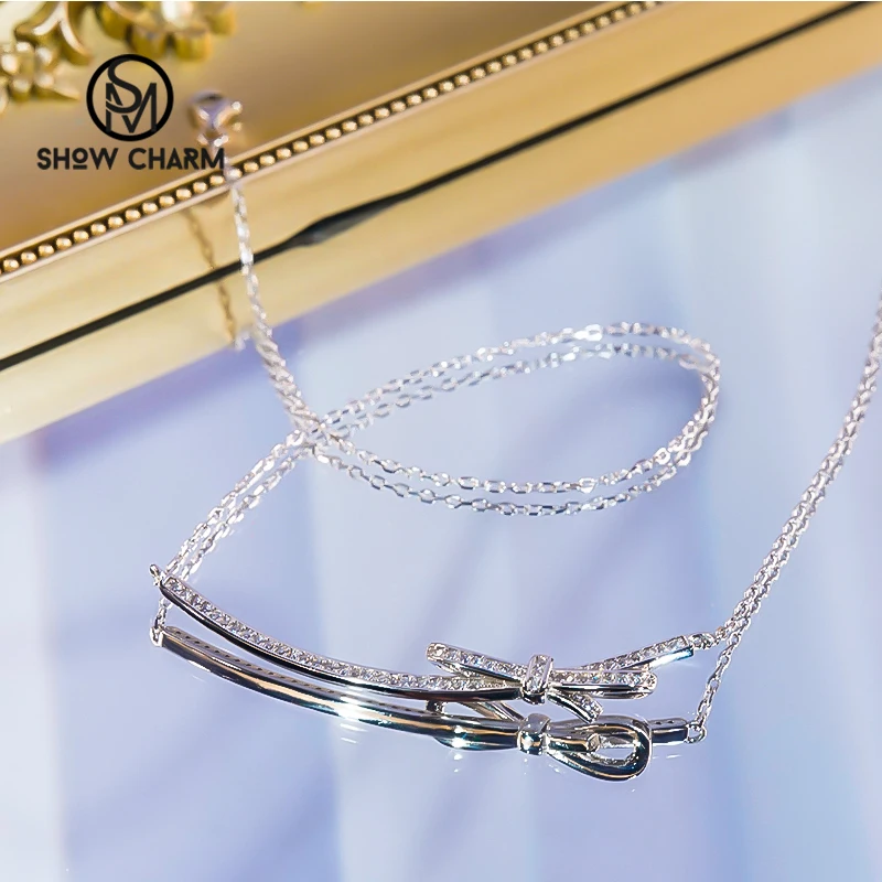 

S925 Sterling Silver Ribbon High Carbon Diamond Bow Necklace Temperament Female Smile Collarbone Chain Fashion Necklace