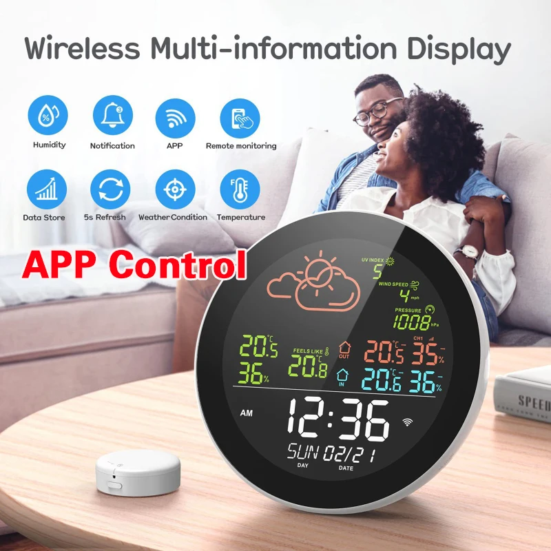 

WIFI Smart Weather Station Clock Home Environment Thermometer Humidity Meter Sensors Digital Clock Weather Forecast Calendar