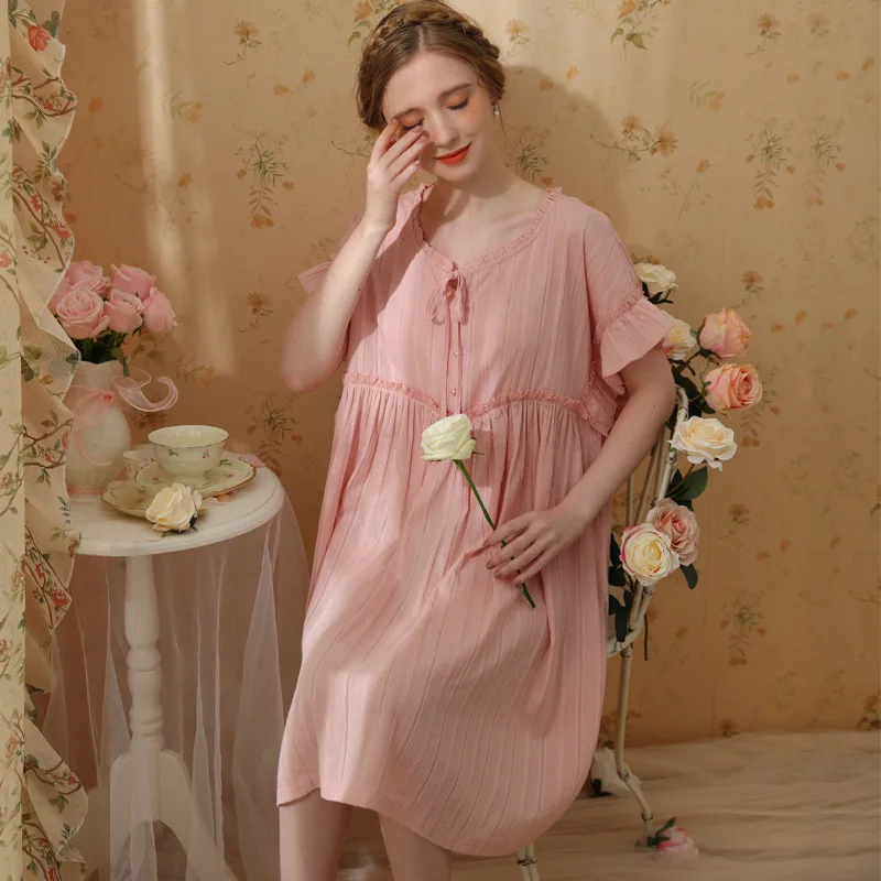 

Pure Cotton Night Dress Women Summer Sleepwear Princess Nightwear Sweet Ruffle Sleeve Loose Loungewear Vintage Short Nightgown
