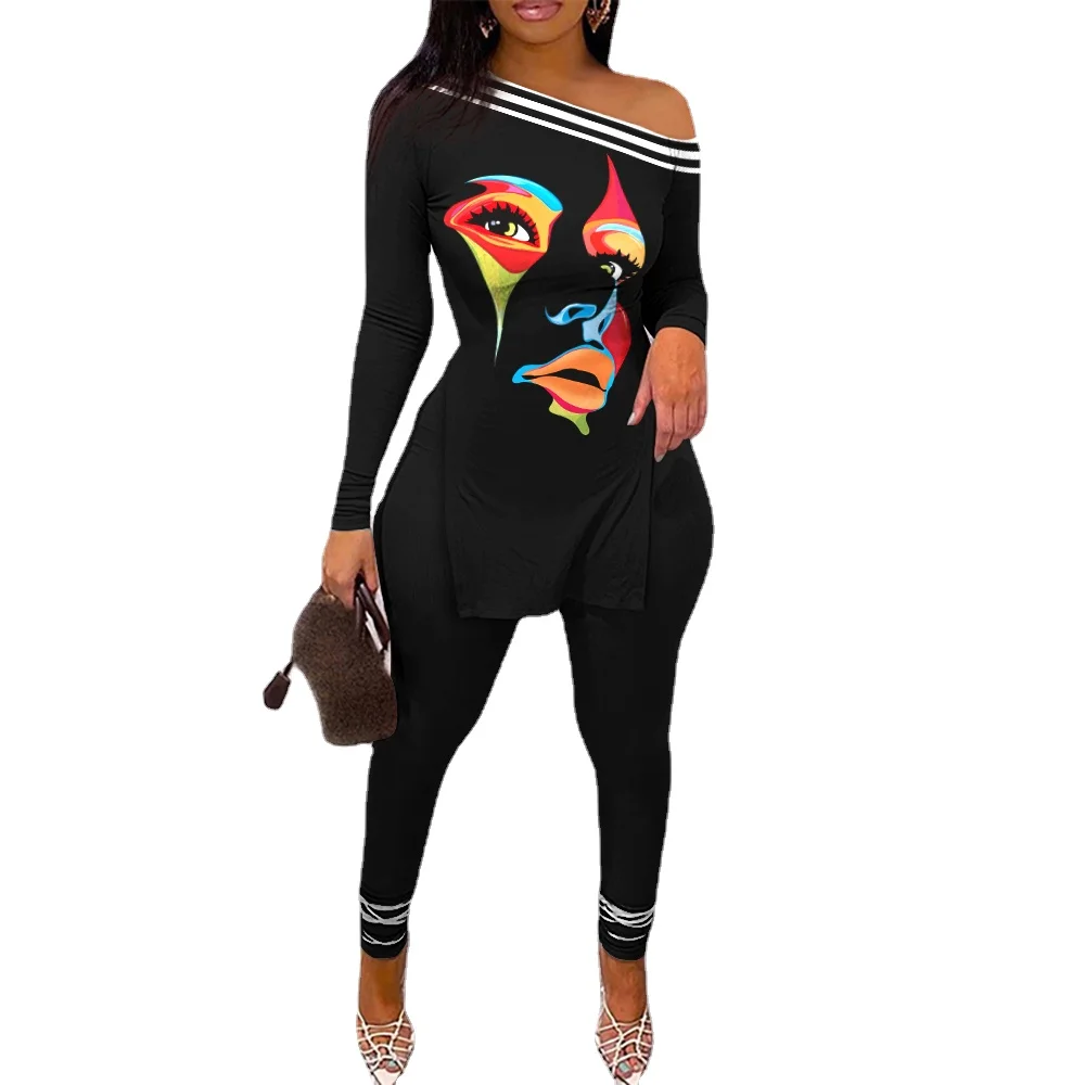 

Fall 2022Women's Graphic Print Slit Hem Long Sleeve skew collar Top and Leggings Set Women's Casual Two-Piece set