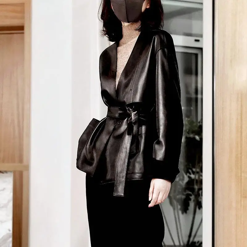 Fitaylor New Spring Autumn Pu Jacket Women Fashion V-neck Lace-up Faux Leather Lady Loose Solid Color Coat | Женская одежда