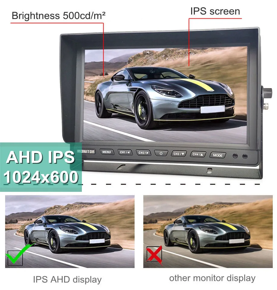 Фото DIYKIT 1920x1080 10.1-дюймовый IPS-монитор с 4-канальным разделением экрана на 4 части, HD-монитор для автомобиля с камерой заднего вида AHD, водонепроницаемый IP68 №2
