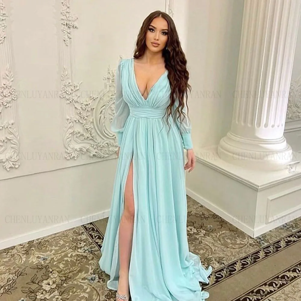 

Chiffon A-line Evening Dresses Puff Sleeves Pleats Sexy V Neck Side Split Long Prom Gowns For Wedding Party Formal Gowns