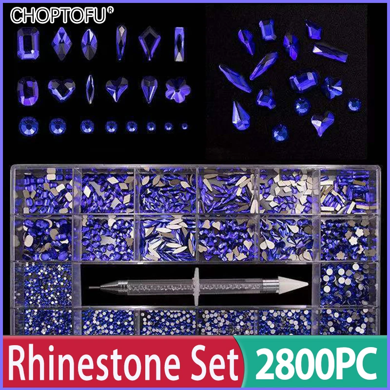 2800PC/Box 21 Grids Crystal Nail Rhinestones FlatBack Rhinestones Set Mixed Size Sparkling Nail Art With 1 Pen For Decorations