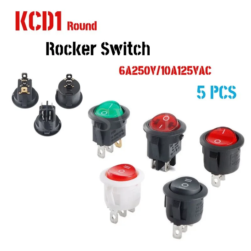 

5PCS KCD1 23MM Round Rocker Switch 2/3Pin ON-OFF-ON 2/3 Position 6A/250VAC 10A/125VAC SPST LED Car Push Button Switch With Light