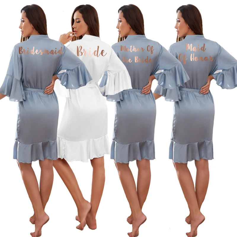 Халат женский атласный с оборками Свадебный шелковый халат невесты подружки