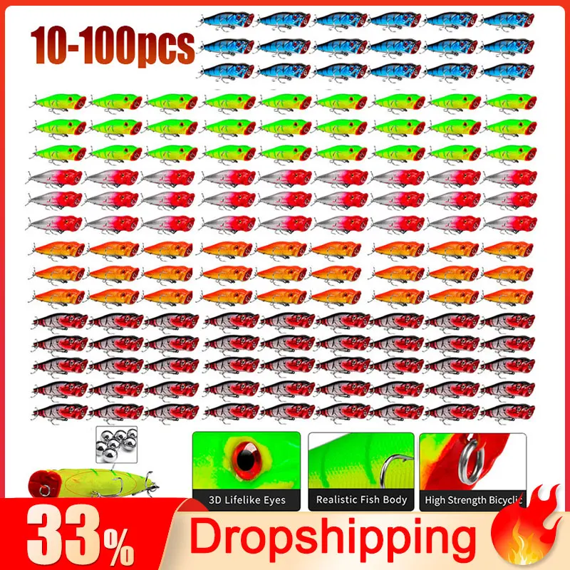 

10-100pcs Topwater Popper Fishing Lure 9.5cm 12g Artificial Wobblers Treble Hook Crankbait for Saltwater Freshwater Fish Tackle