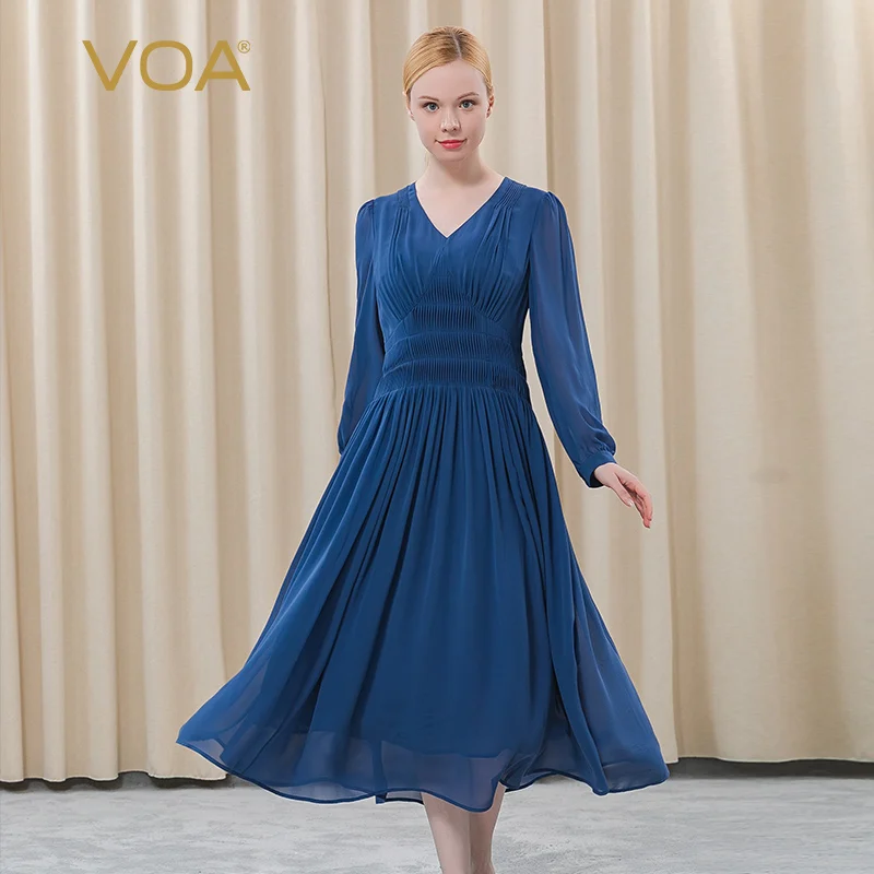 

VOA Silk Georgette 12m/m V-Neck Lantern Sleeve Woman Dress Sea Blue High Waist Stereo Organ Pleat Double Elegant Dress AE520