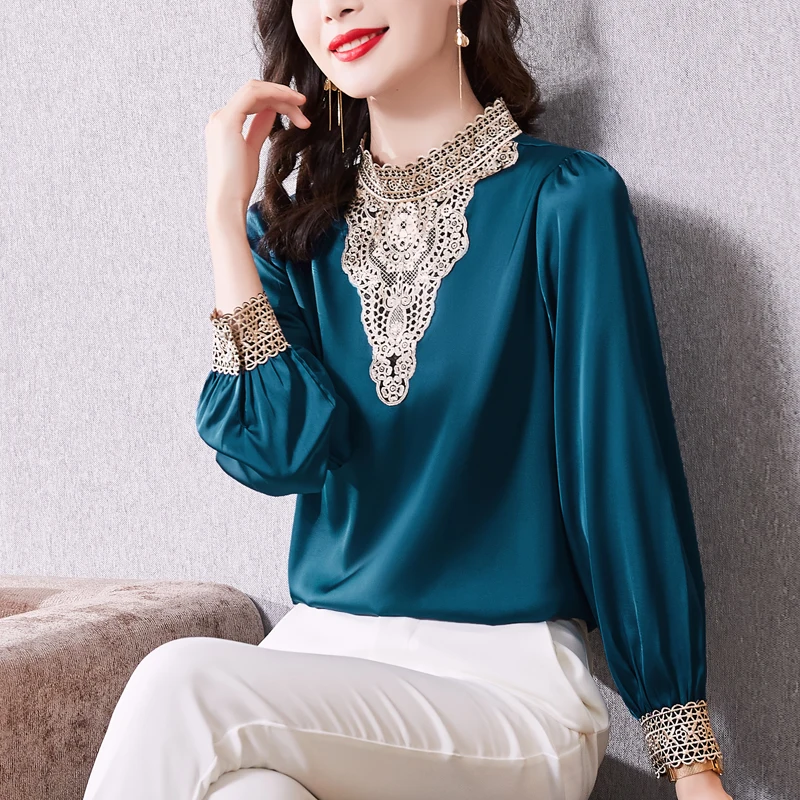 Женская кружевная блузка с вышивкой элегантная винтажная Повседневная атласная