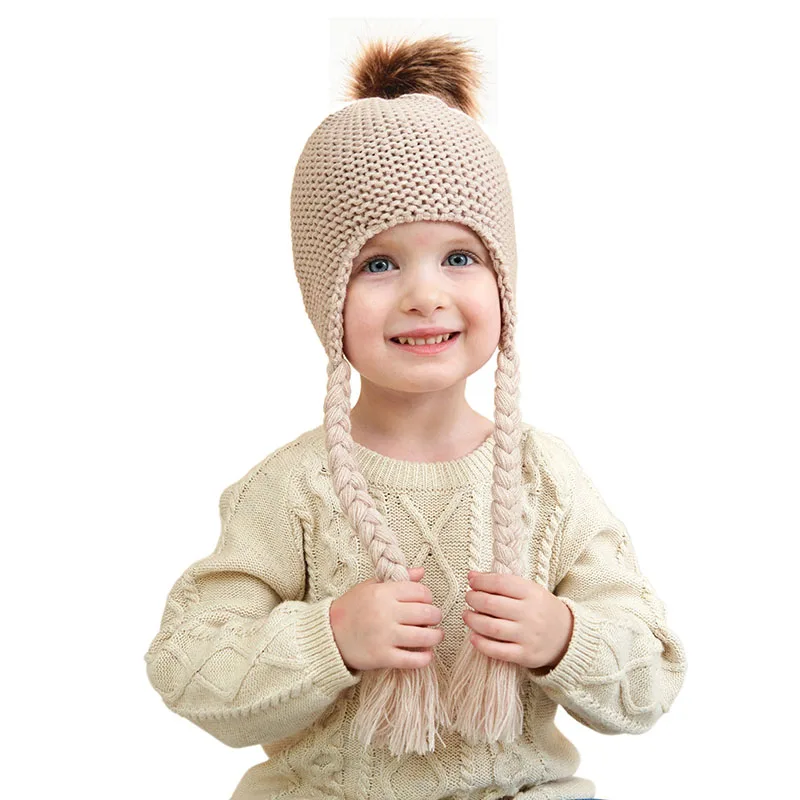 

New Kids Earflaps Hat Winter Pompom Braids Knitted Hats Home Prefer Toddler Warm Baby Children Toddler Caps Photography Props