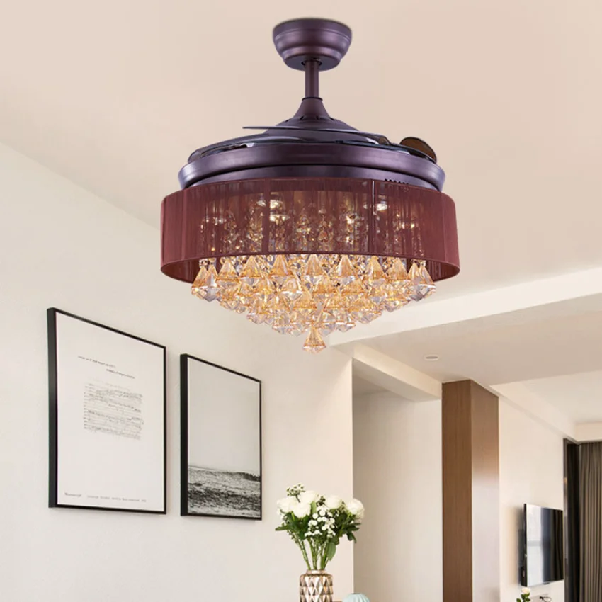 

Art Led Celing Fan Pendant Lamp Light Chandelier Crystal Invisible Dining Living Room Modern Lighted Remote Control Electric