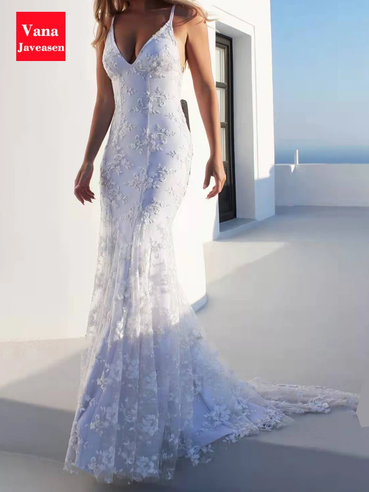 

White Dress Wedding Woman Sexy Strapless Deep V-neck Lace Embroidered Floor-length Long Dress Bridesmaid Women Vestido Summer