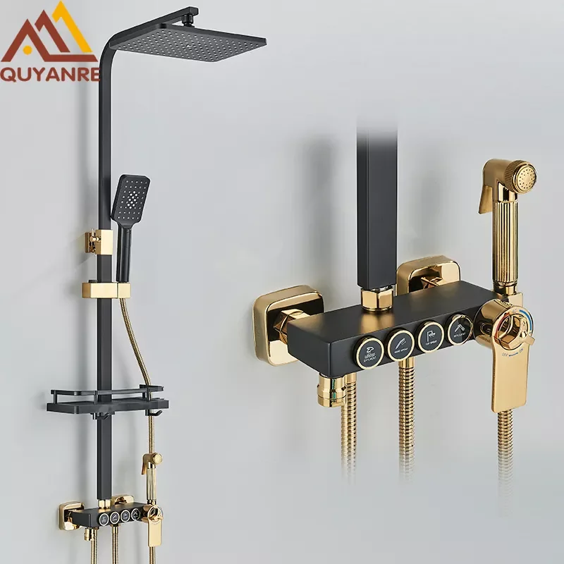 

Black Gold Thermostatic Shower Faucet 4-way Thermostatic Shower System With Bidet Faucet With Shelf Black Bath Shower Faucet