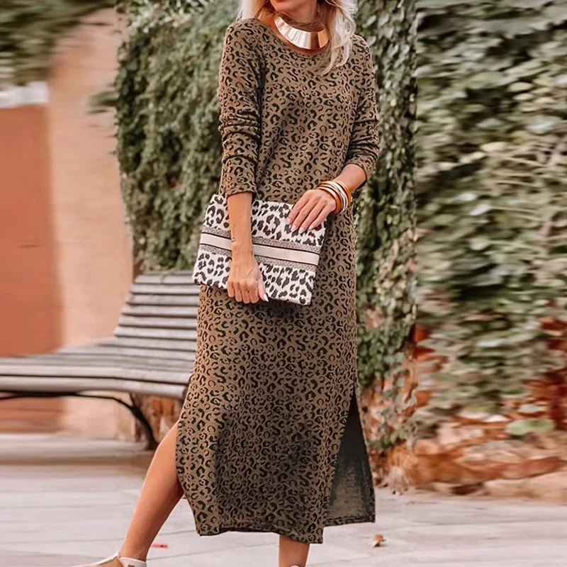 

Fall Leopard Printing Side Slit Long Sleeve Dress Casual Loose Female Pullover Robe Women Fashion O-Neck Sweatshirt Long Dresses