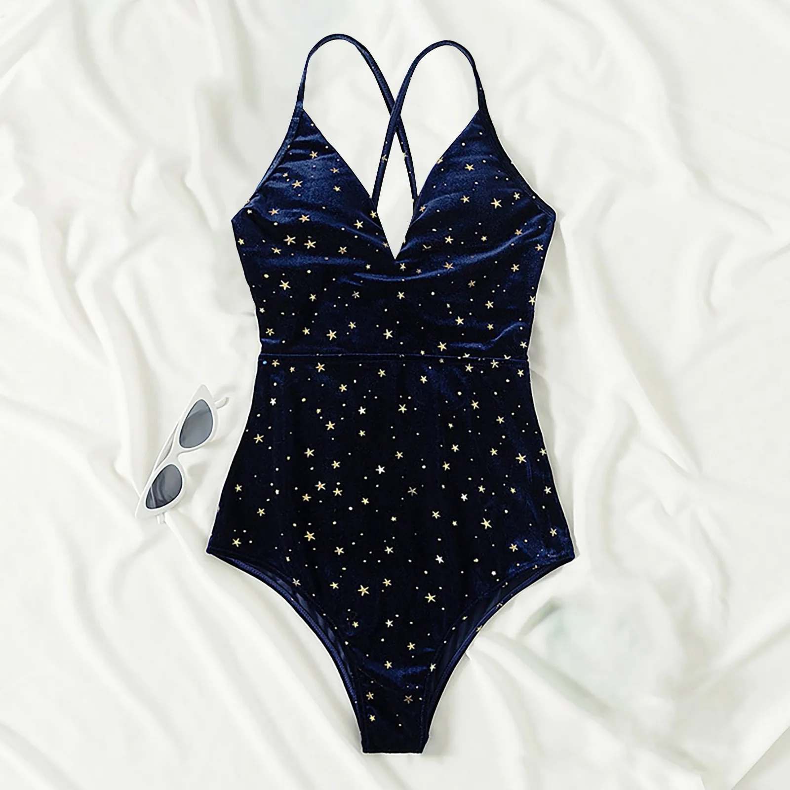 Бархатный Цельный купальник с блестками бикини лямкой на шее V-образным вырезом