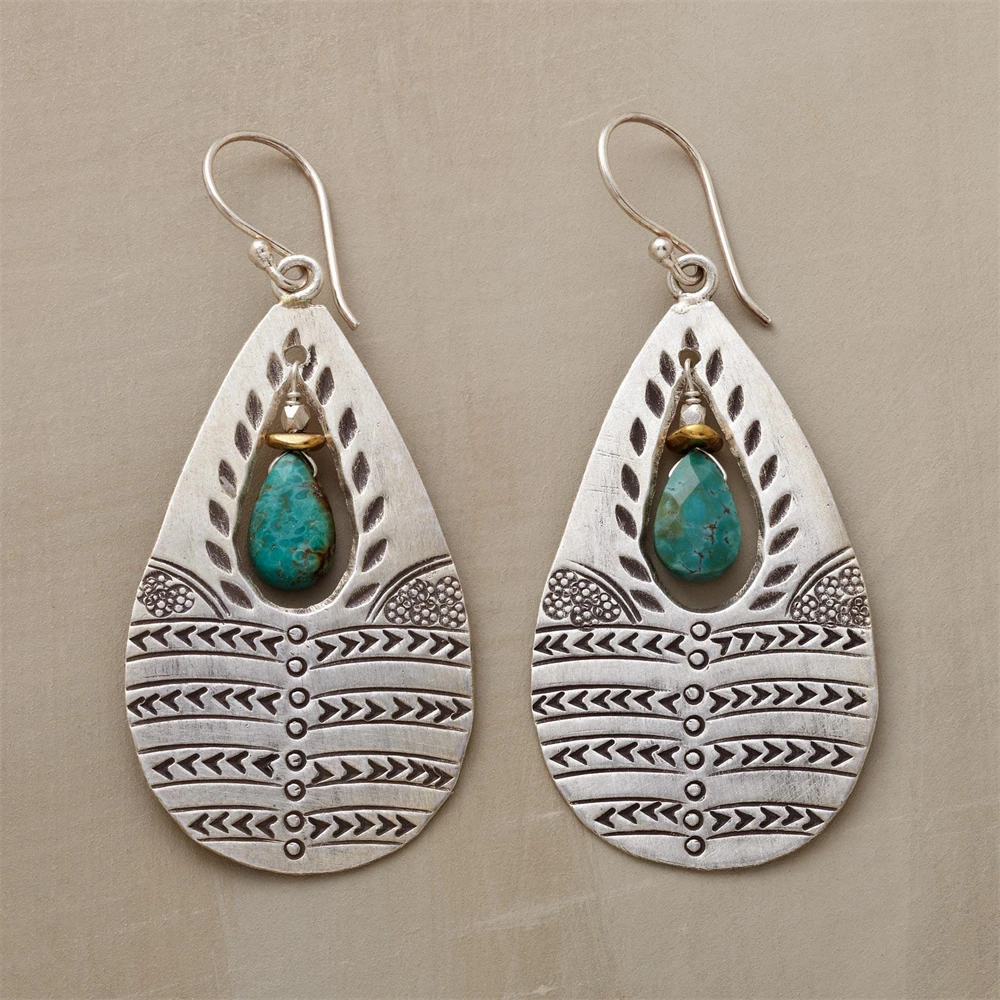 

Vintage Boho Silver Color Drop Peacock Texture Inlaid Turquoise Women's Pendant Earrings Party Wedding Anniversary Gift jewelry