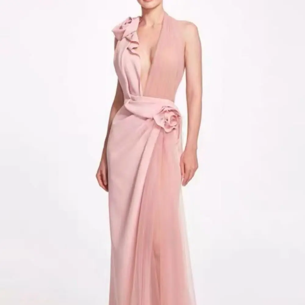 

Sleeveless Hanging Deep V Neckline Prom Dresses Handmade Floral Applique Floor Length 2023 Women's Elegant Formal Occasion Gown
