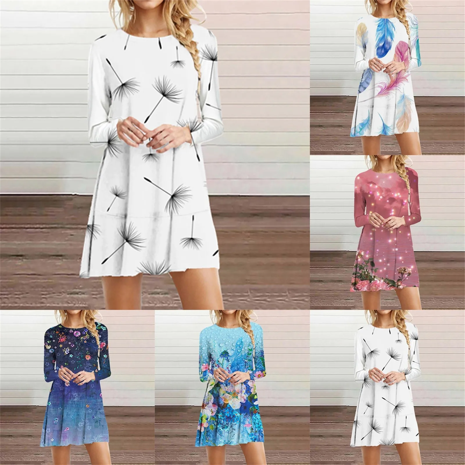 

Women's Dresses Printed Round Neck Long Sleeved Dress Autumn And Winter Casual Sexy Womens Dresses Summer Linen Midi Dress