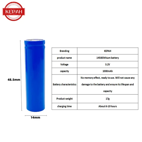 Литиевая батарея 14500, большая емкость, перезаряжаемая батарея высокой мощности 3,2 В, многофункциональная и прочная 1000 мАч