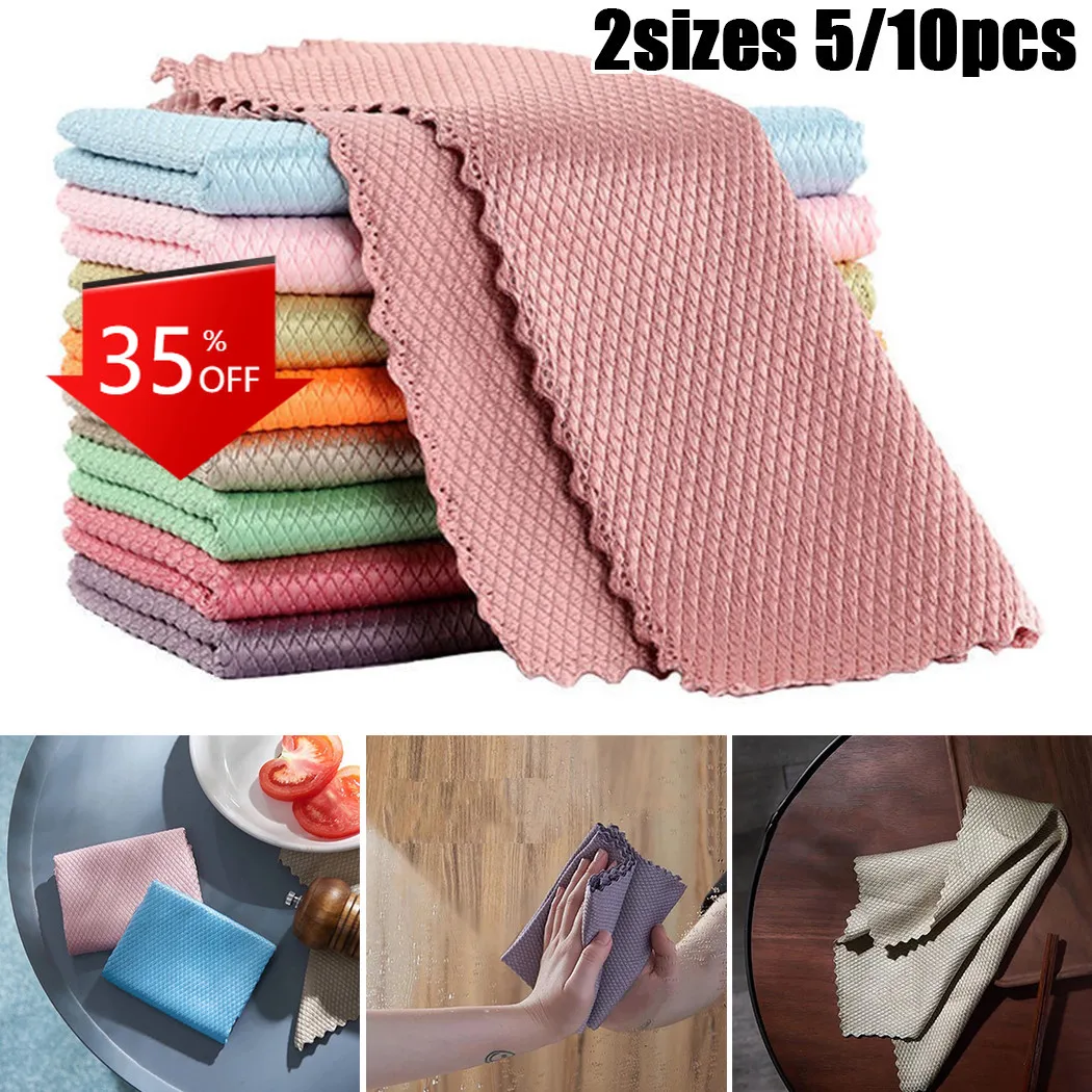 

10/5pcs 25*25/30*40cmKitchen Anti-Grease Wiping Rags Efficient Fish Scale Wipe Cloth Cleaning Home Washing Dish Cleaning Towel