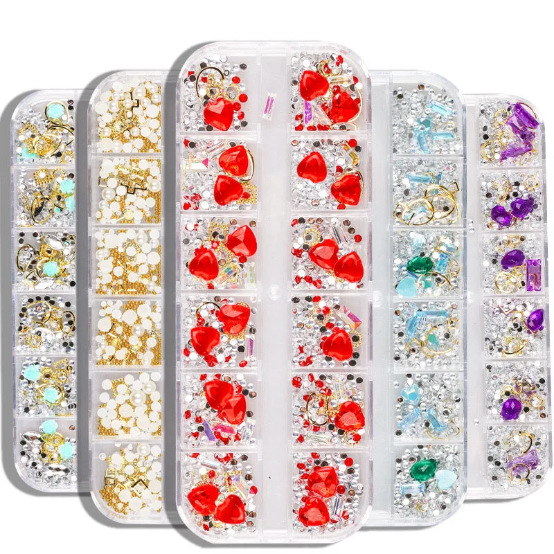 

12Grids Crystal Nail Art Rhinestones Pearl Metal Rivet Glass Mixed Size DIY Manicure 3D Crystal Nails Art Rhinestone Decorations