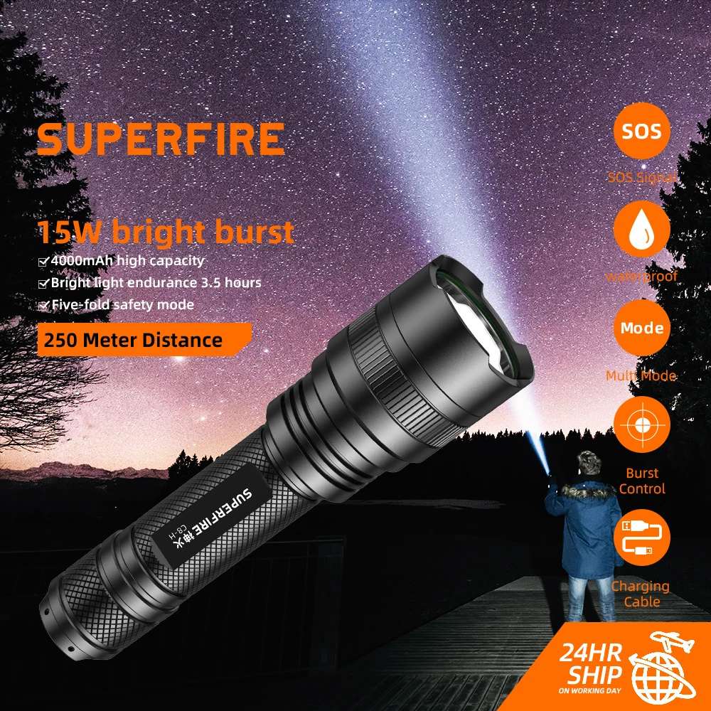 SUPERFIRE C8-H 15W Cree xhp50 Super Bright Torch USB Rechargeable Camping Outdoor Lantern Waterproof LED Torch