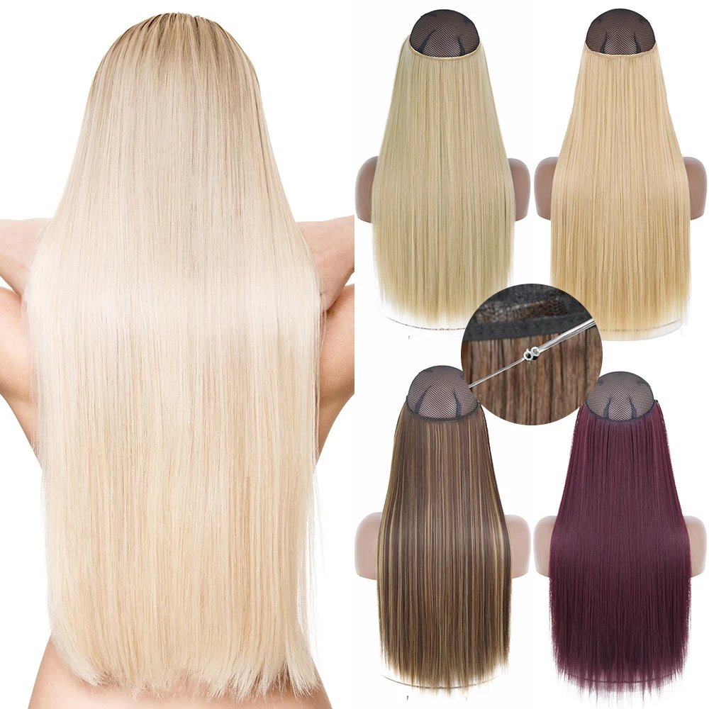 AZQUEEN Synthetic No Clip Hair Extensions Natural Black Blonde Long Straight Secret Fish Wire Heat Resistant Hairpiece For Woman