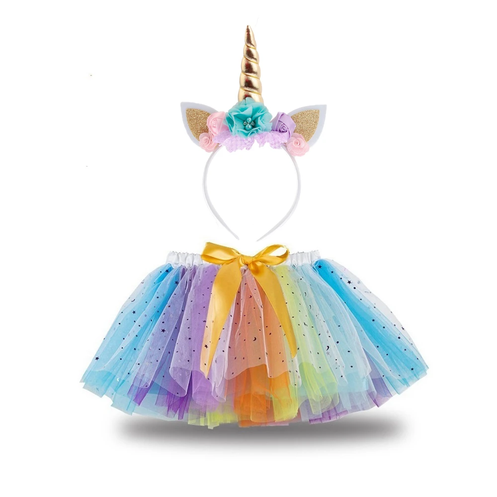 Yundfly Boutique 2pcs/set Tulle Tutu Skirt Dress + Unicorn Horn Headband Set for Baby Girls Unicorn Party Supplies Photography