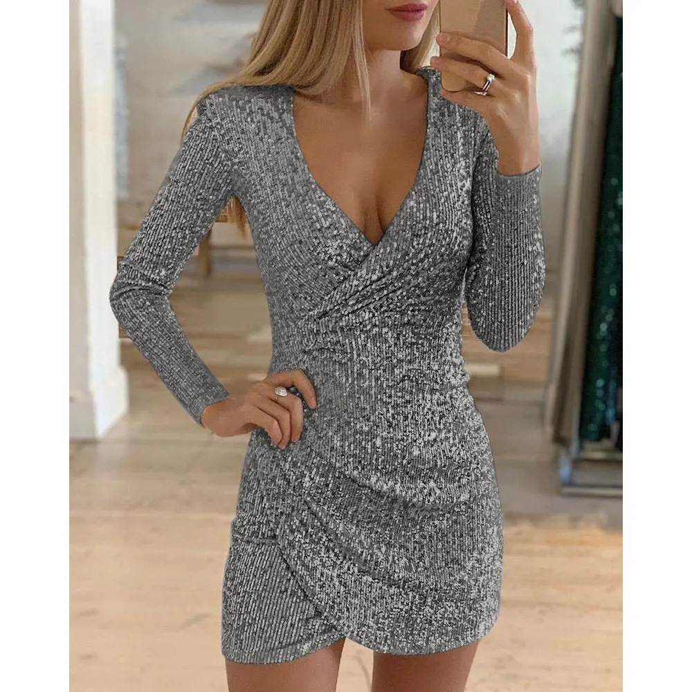

Women Sexy Silver Glitter Dress Elegant Deep V Neck Sequin Mini Bodycon Dress Spring Long Sleeve Party Club Dresses vestido