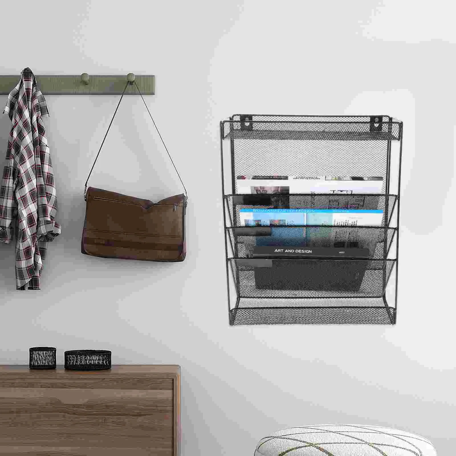 

Magazine Display Stand Mesh Storage Bag Wall Document Organizers Pocket Wall Magazine Rack Iron Mail Organizer Office